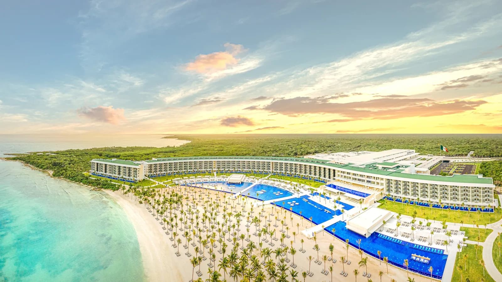 Aerial view of a beachfront all-inclusive resort in Cancun